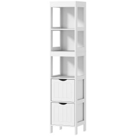 HOMCOM Narrow Bathroom Storage Cabinet, Bathroom Cabinet with 2 Drawers & 3 Open Shelves, Slim Bathroom Floor Cabinet, White