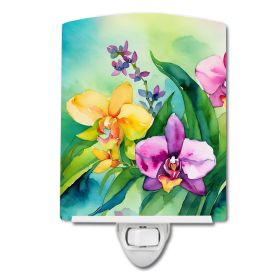 NEW Orchids in Watercolor Ceramic Night Light Compact, UL-Certified, Ideal for Bedroom, Bathroom, Nursery, Hallway, Kitchen, 6x4x3, Multicolor