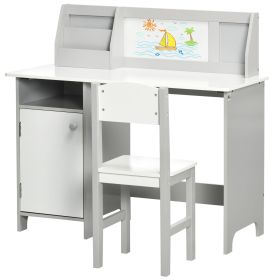 Qaba Toddler Table and Chair Set, Kids Writing Desk Homework Table with Whiteboard, Storage Cabinet, Gray