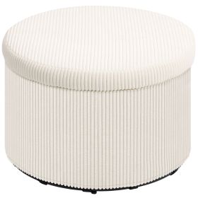 HOMCOM 24 Inches Round Storage Ottoman Stool with Lid, Upholstered Corduroy Foot Rest for Living Room, Bedroom, Beige